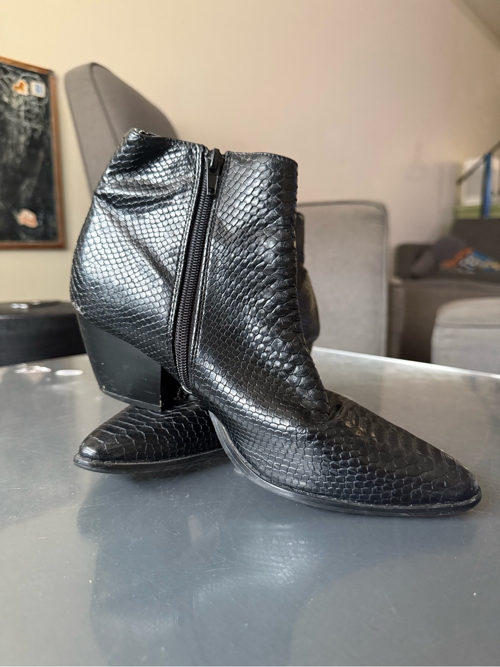 Anthropologie Coconuts by Matisse Black Snakeskin-Textured Pointed Ankle Boots